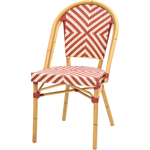 silla bistro apilable de ratán marfil tejido de nailon aluminio burdeos respaldo tres cuartos izquierda