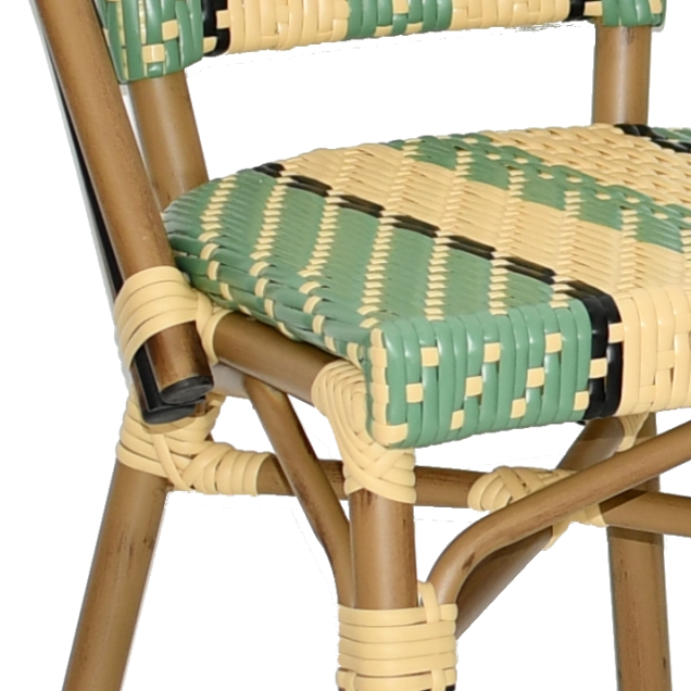 Chaise exterieur aluminium rotin tressage nylon empilable style bistrot achery noir vert creme trois quarts droit
