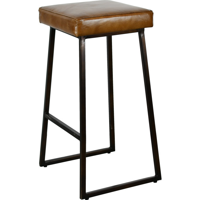 Damazan Bar Stool, Metal and Camel Leather, Seat Height 74 cm