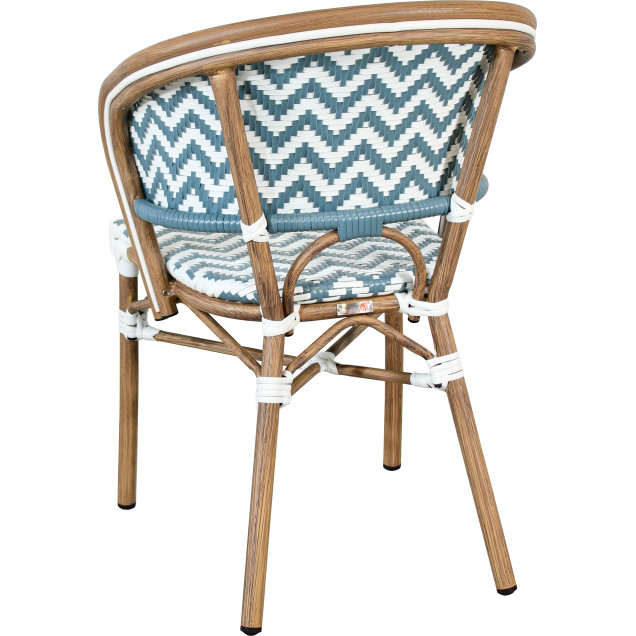 VANY-fauteuil van aluminium en rotan, met blauw-witte nylonvlechtwerk