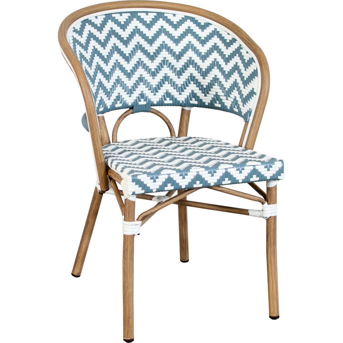 VANY-fauteuil van aluminium en rotan, met blauw-witte nylonvlechtwerk