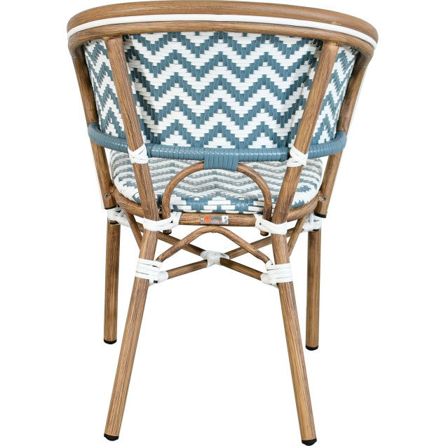 VANY-fauteuil van aluminium en rotan, met blauw-witte nylonvlechtwerk