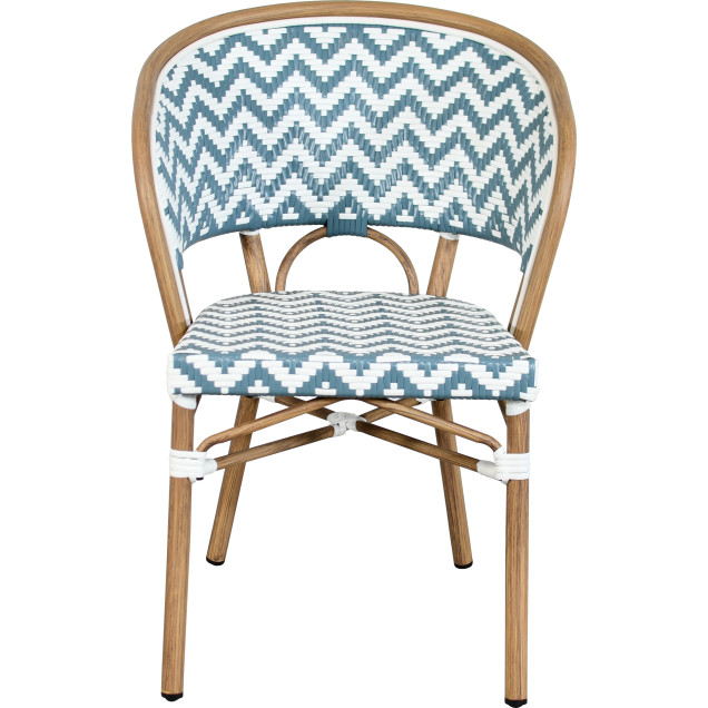 VANY-fauteuil van aluminium en rotan, met blauw-witte nylonvlechtwerk