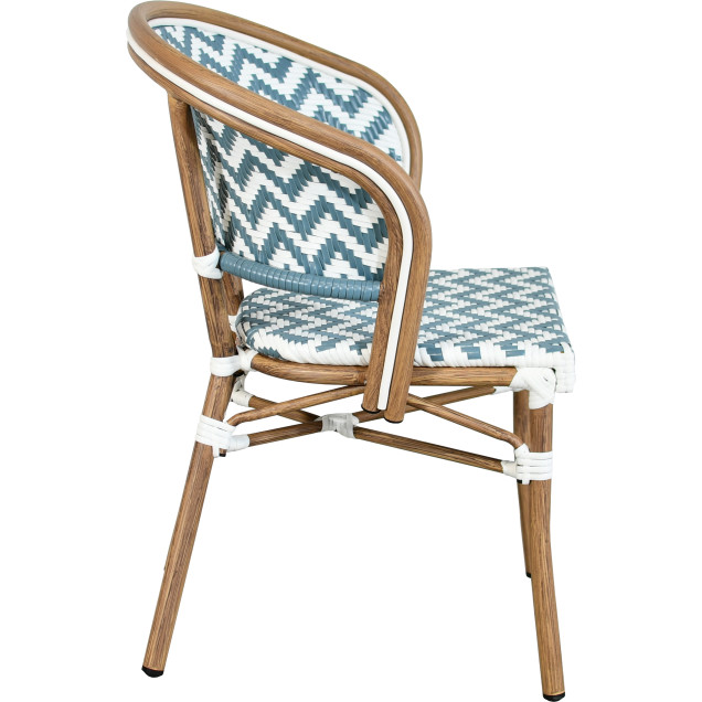 VANY-fauteuil van aluminium en rotan, met blauw-witte nylonvlechtwerk